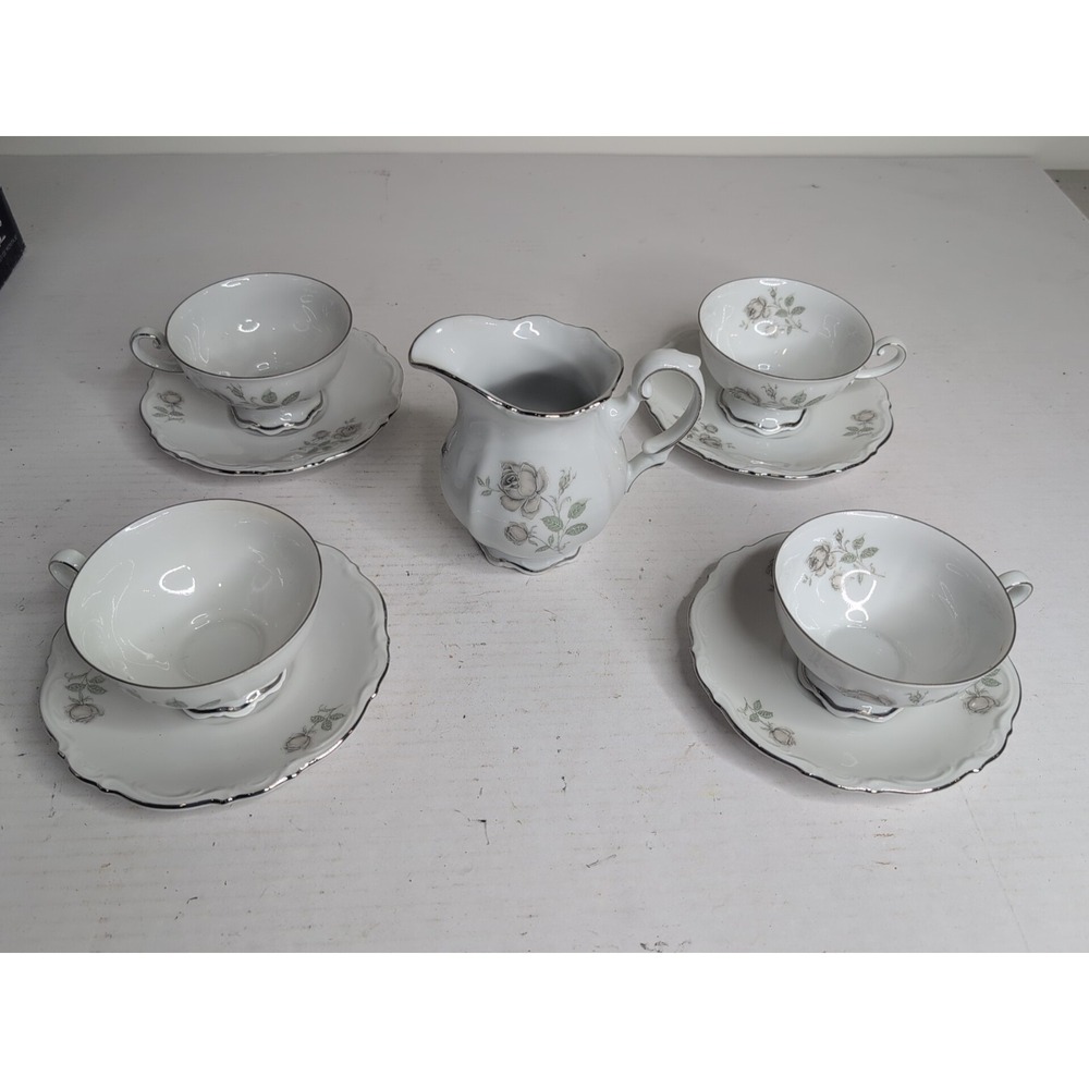 Vtg Mitterteich MYSTIC ROSE 4 Tea cup & Saucer Sets Platinum Bavaria + Creamer
